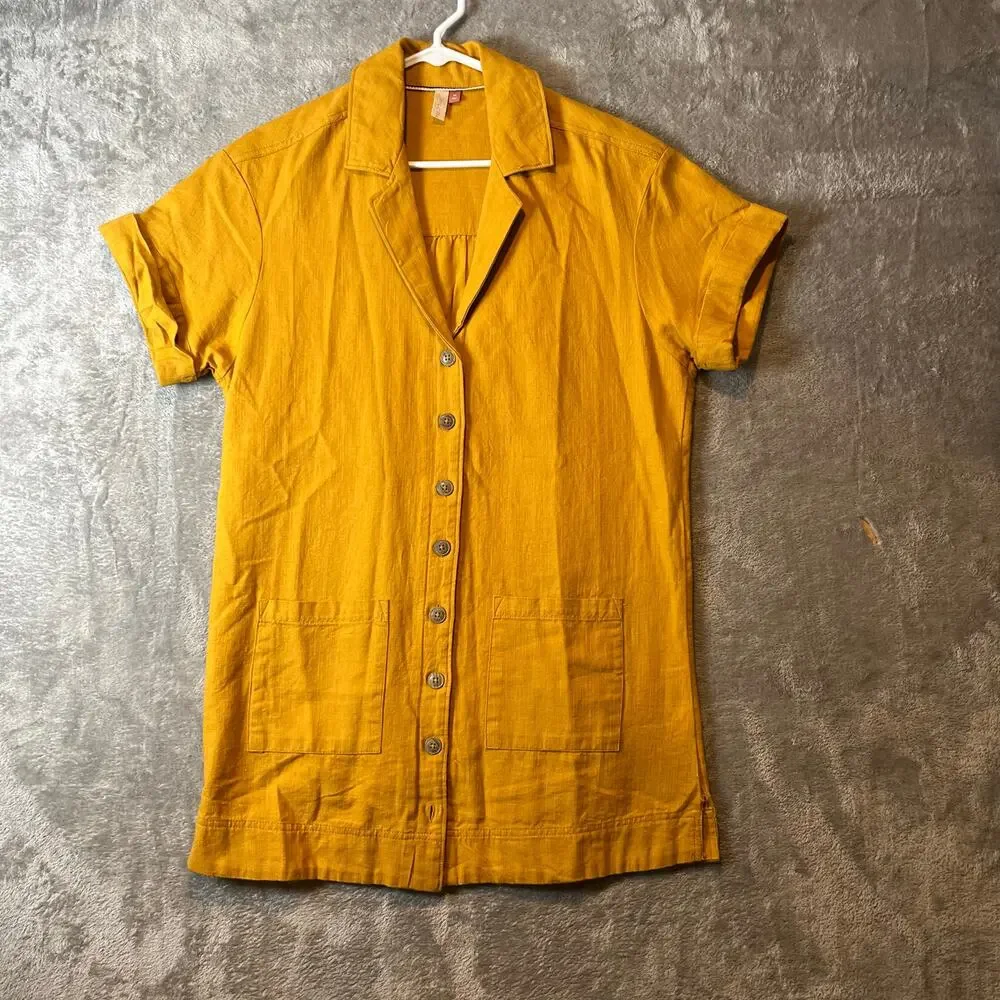 Pilcro‎ Buttondown Shirt Dress Linen Blend Patch Pockets Yellow Utility